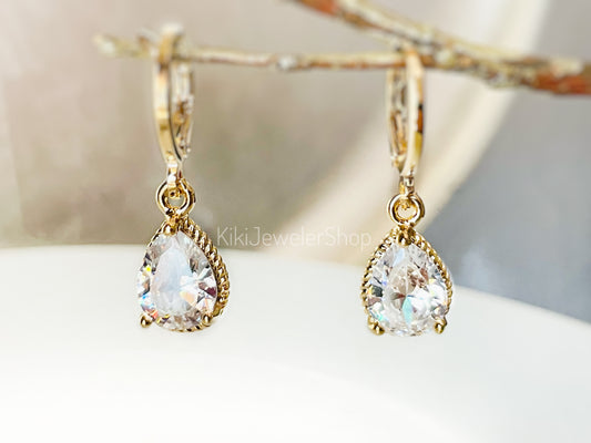 Small Bezel White Sapphire Teardrop Dangle Earrings