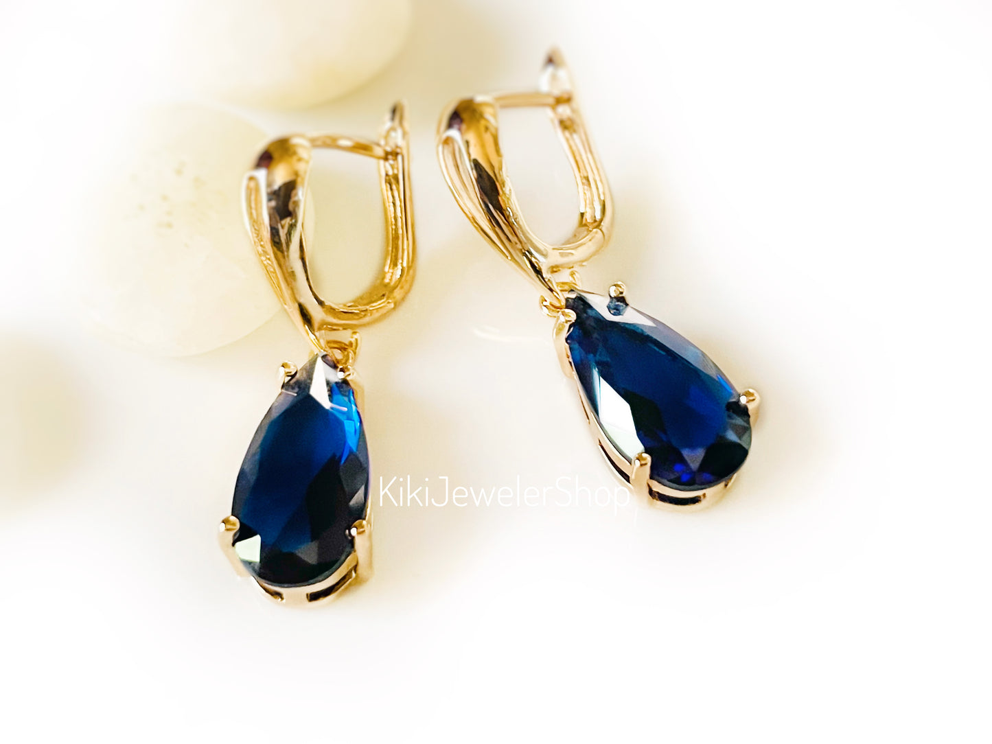 Large Blue Sapphire Teardrop Dangle Earrings