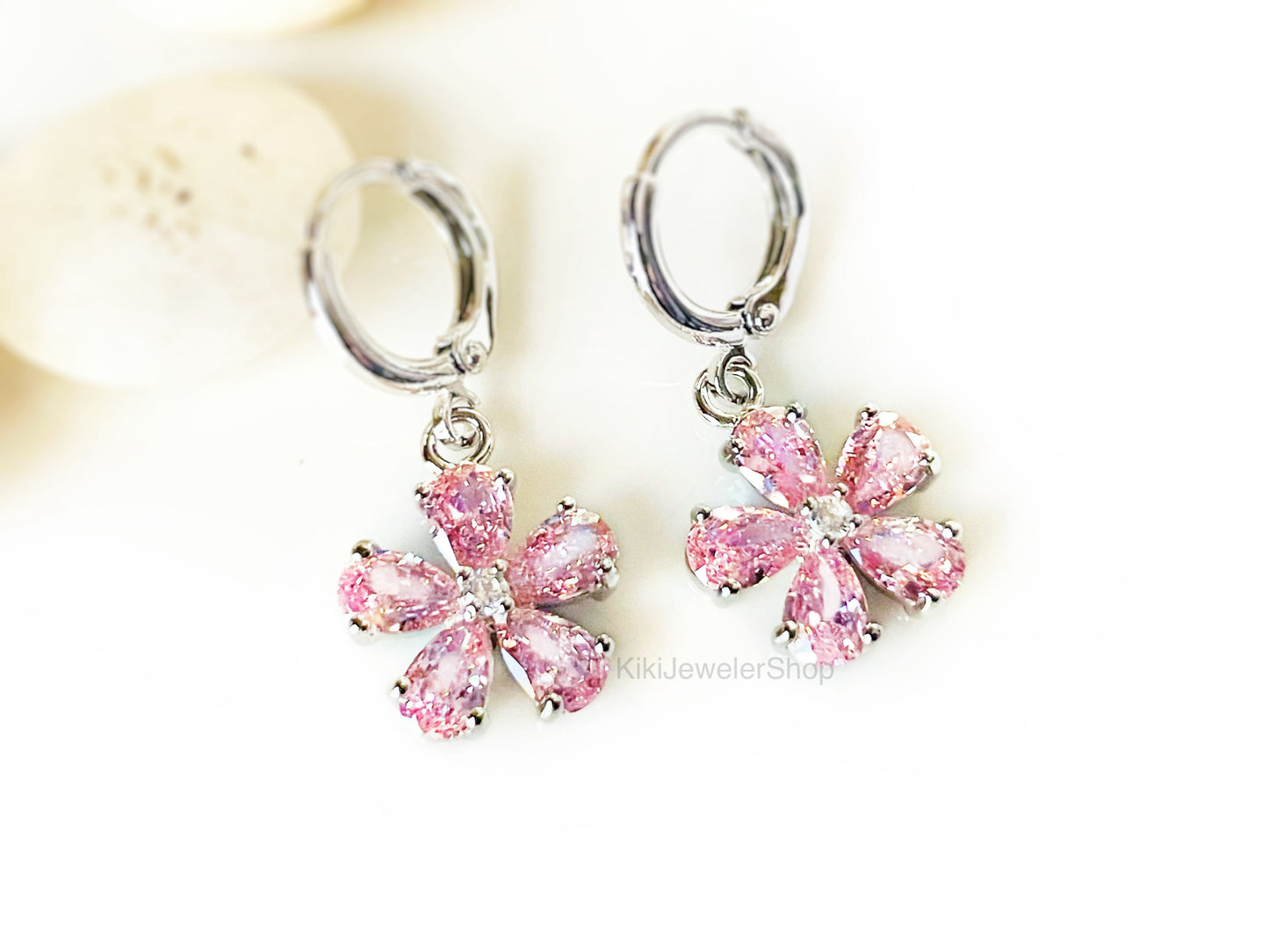 Pink sapphire flower dangle earrings, amethyst 2pc jewelry set, rainbow flower earrings, birthstone earrings, gift for her