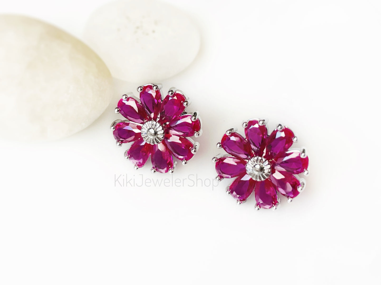 Pink Tourmaline Daisy Flower Dangle Earrings