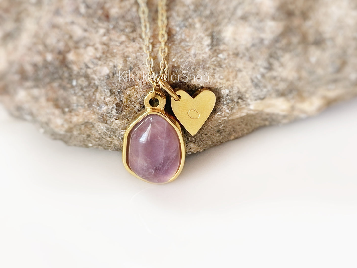 Gold Heart Initial Amethyst Pendant Necklace