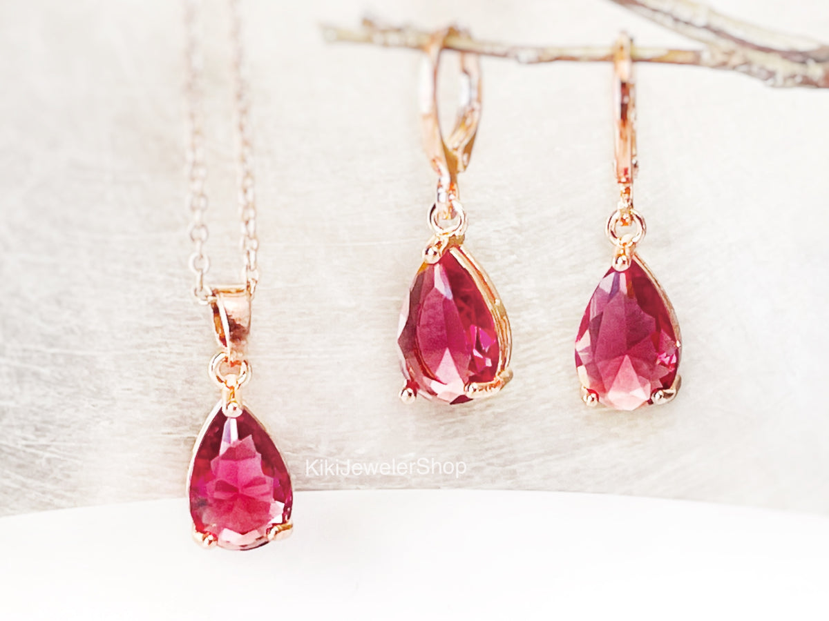 Pink tourmaline teardrop 2pc jewelry set