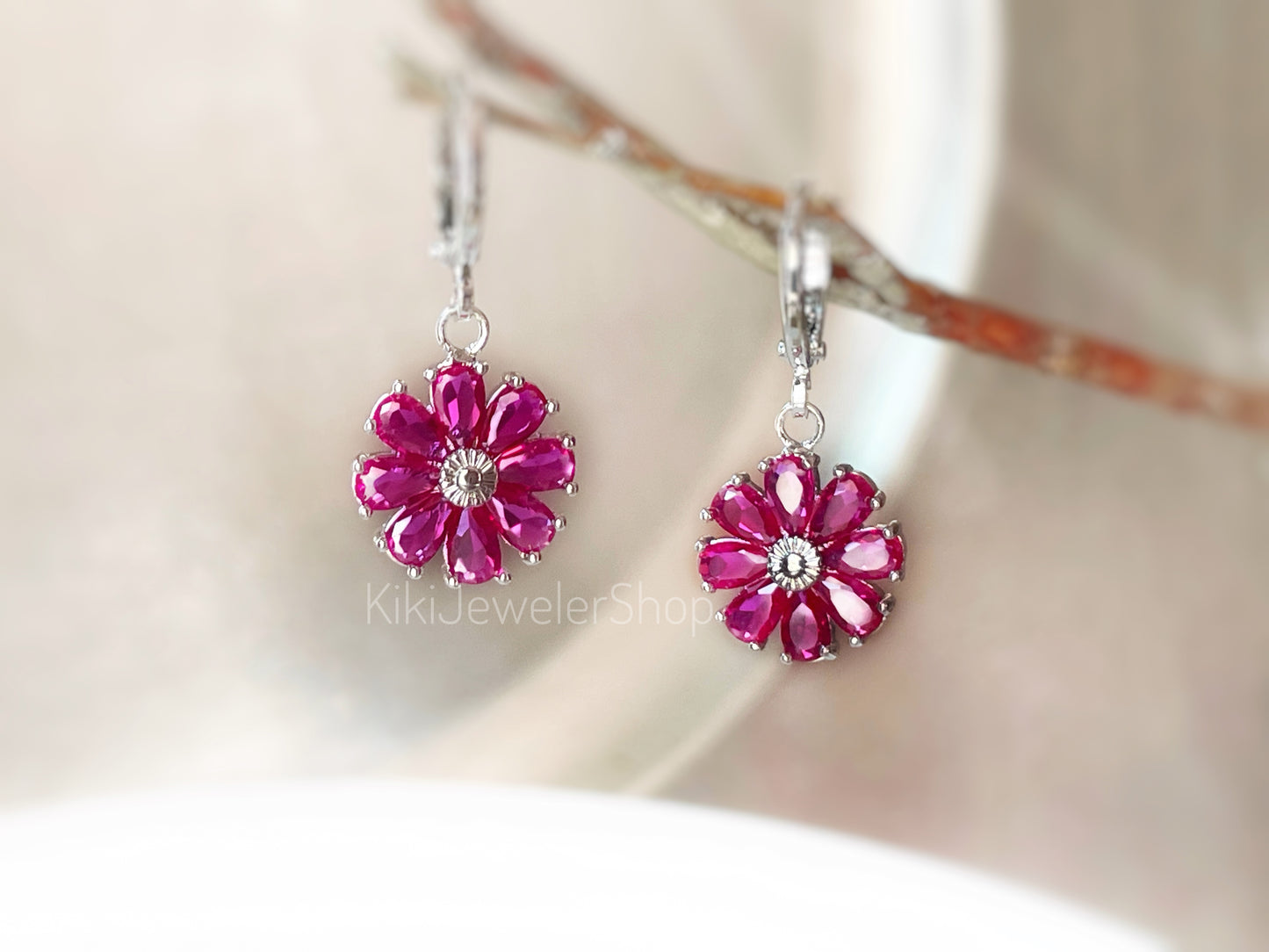Pink Tourmaline Daisy Flower Dangle Earrings