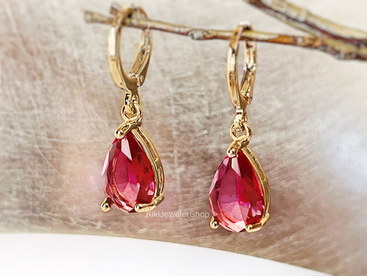 Small Pink Tourmaline Teardrop Dangle Earrings