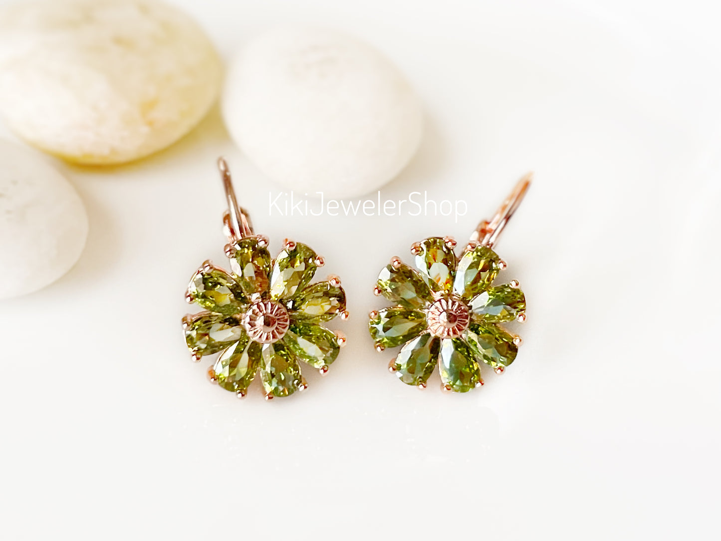 Peridot Daisy Flower Earrings Gold-filled