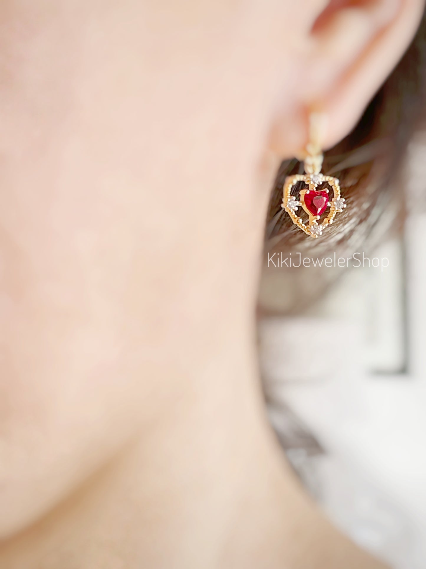 Gold Double Heart Ruby & White Dangle Earrings