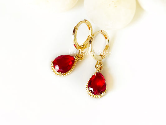 Small Bezel Garnet Teardrop Dangle Earrings