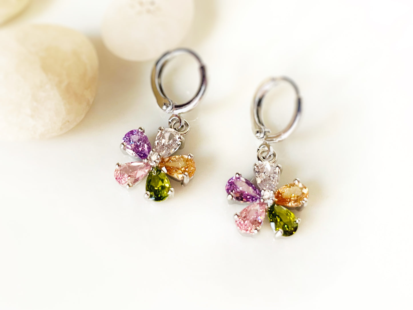 Pink sapphire flower dangle earrings, amethyst 2pc jewelry set, rainbow flower earrings, birthstone earrings, gift for her