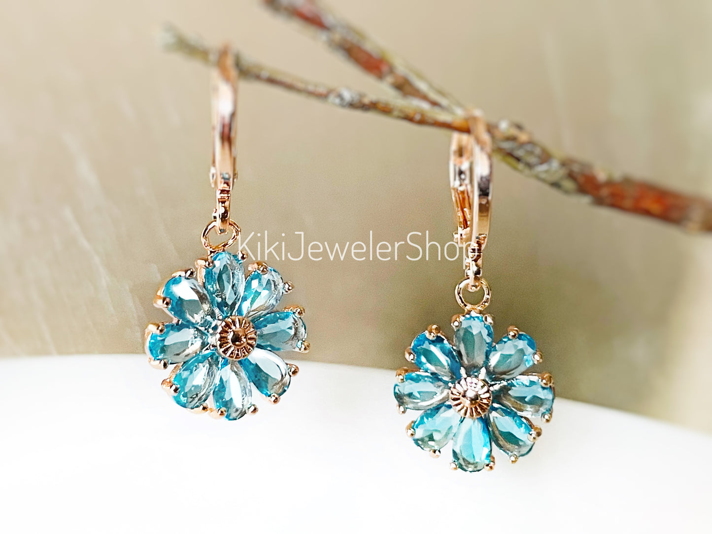 Blue Topaz Daisy Flower Dangle Earrings