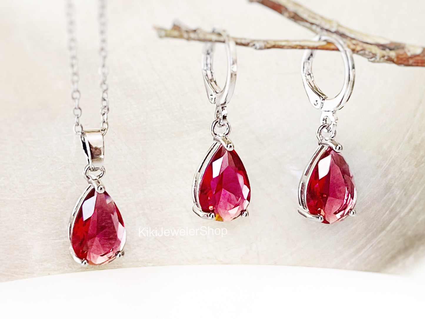 Pink tourmaline teardrop 2pc jewelry set