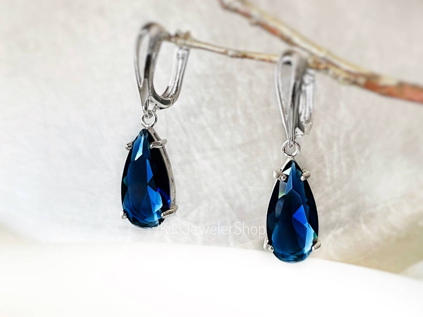 Large Blue Sapphire Teardrop Dangle Earrings