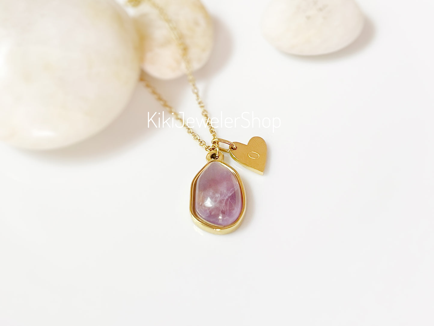 Gold Heart Initial Amethyst Pendant Necklace