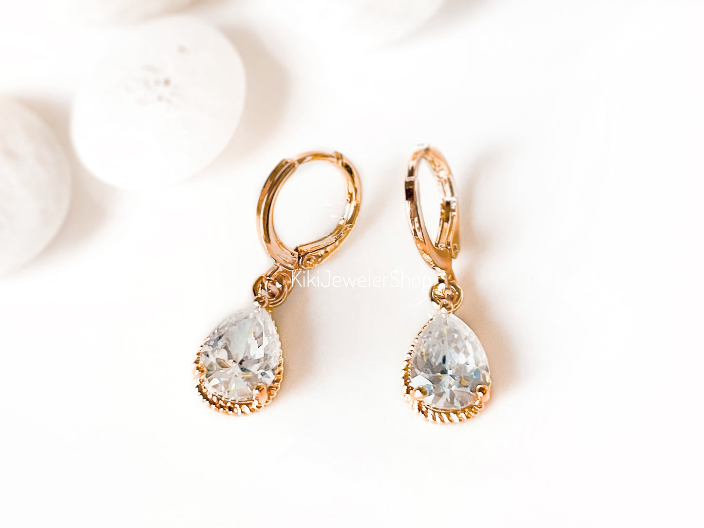 Small Bezel White Sapphire Teardrop Dangle Earrings