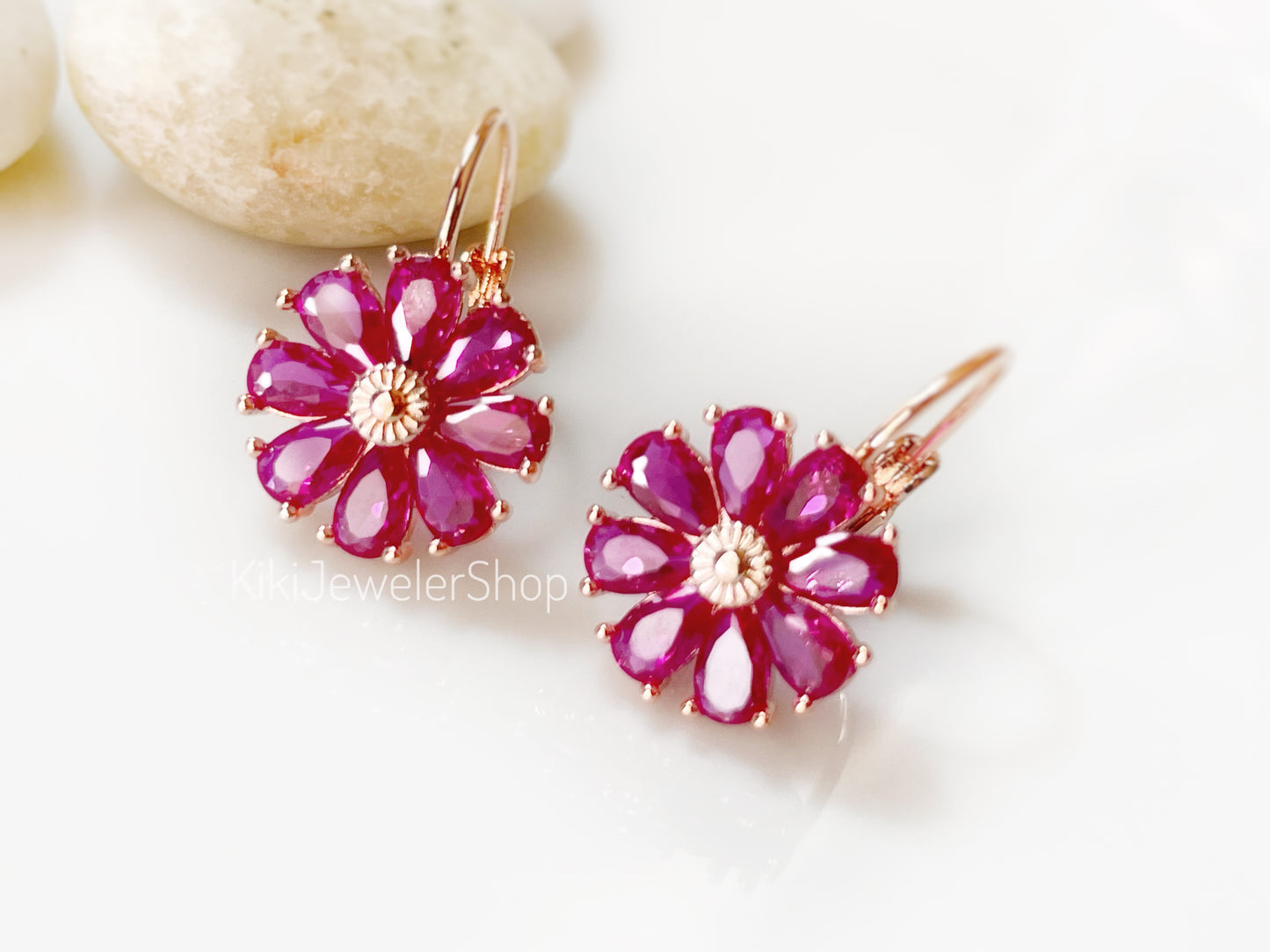 Pink Tourmaline Daisy Flower Dangle Earrings