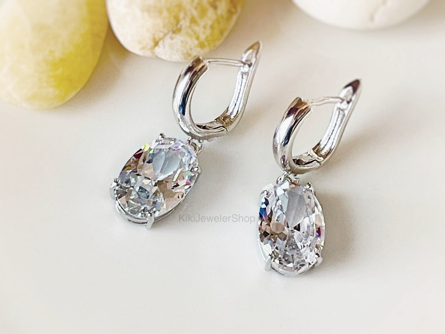 Large Cushion Cut White Sapphire Dangle Earrings