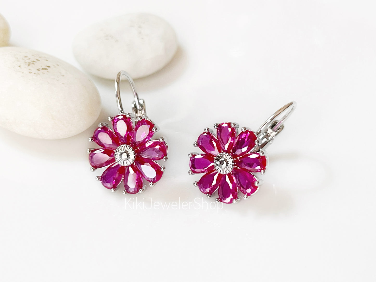 Pink Tourmaline Daisy Flower Dangle Earrings