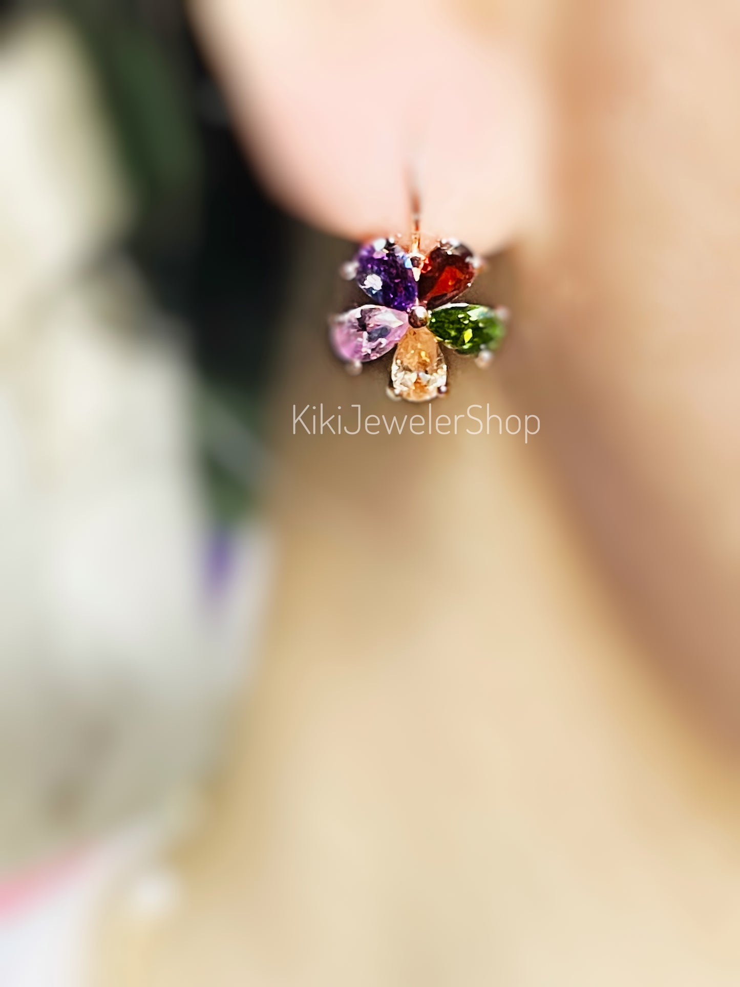 Pink sapphire flower dangle earrings, amethyst 2pc jewelry set, rainbow flower earrings, birthstone earrings, gift for her