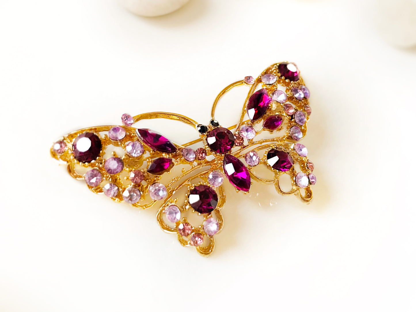 Amethyst crystal butterfly brooch pin gold