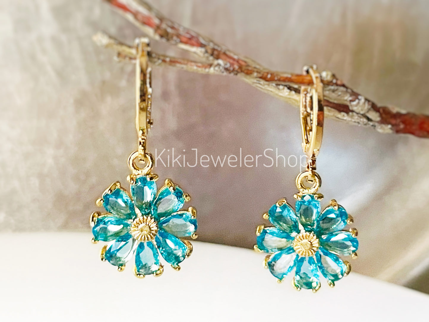 Blue Topaz Daisy Flower Dangle Earrings