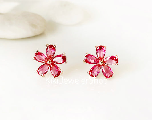 Small Pink Tourmaline Flower Stud Earrings