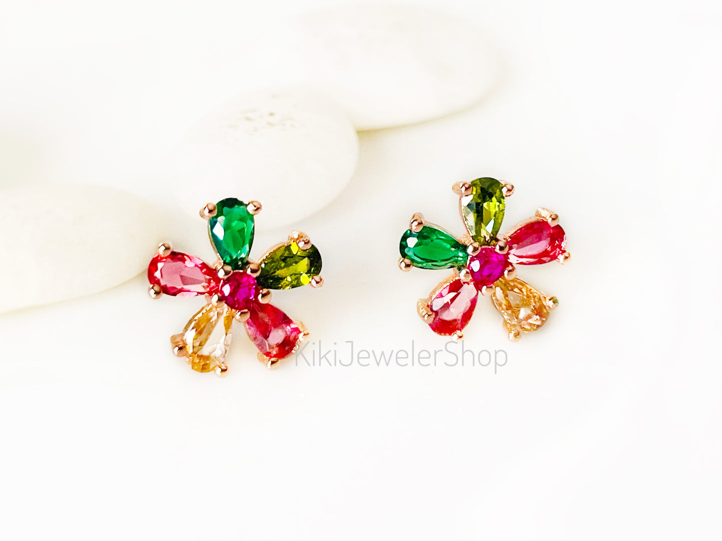 Small White Sapphire Flower Stud Earrings