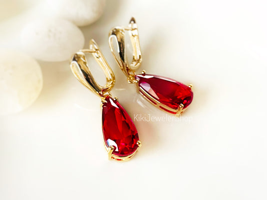 Large Ruby Teardrop Dangle Earrings
