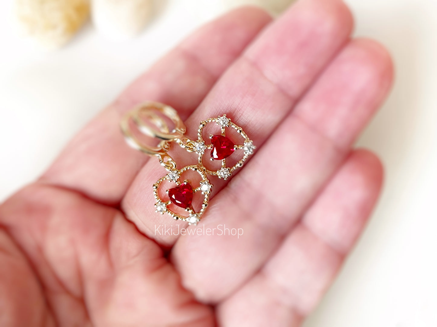 Gold Double Heart Ruby & White Dangle Earrings