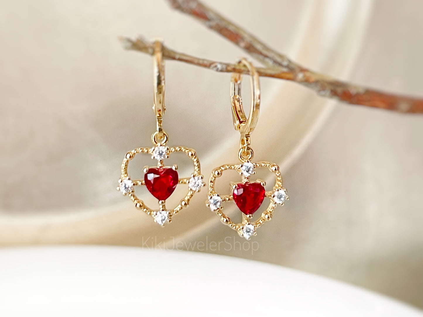 Gold Double Heart Ruby & White Dangle Earrings