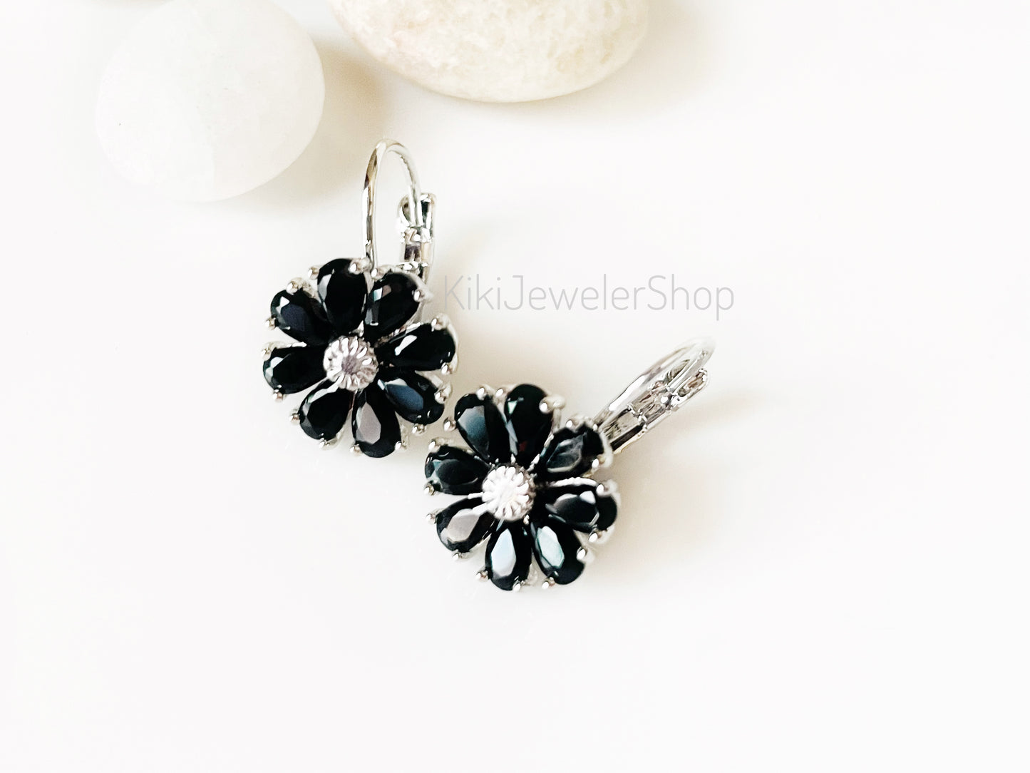 Onyx Daisy Flower Drop Earrings Gold-filled