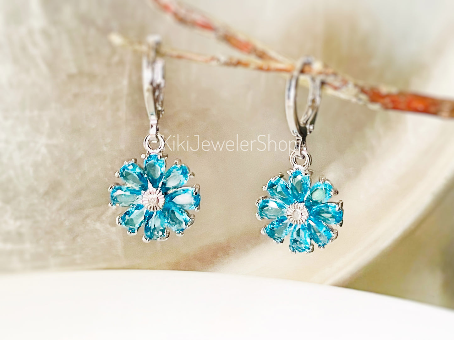 Blue Topaz Daisy Flower Dangle Earrings