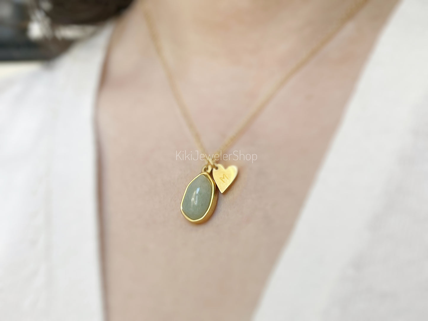 Gold Heart Initial Jade Pendant Necklace