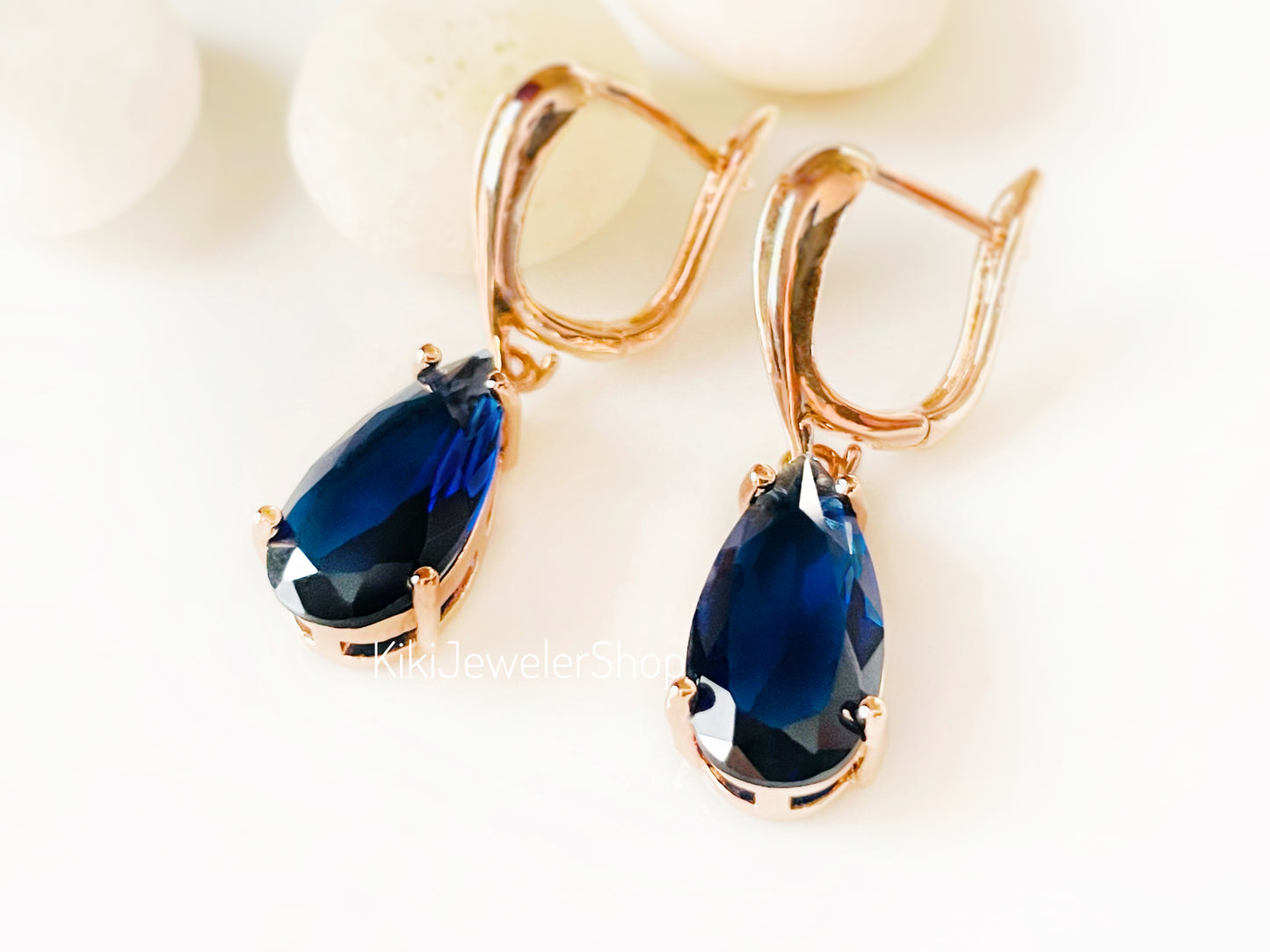 Large Blue Sapphire Teardrop Dangle Earrings