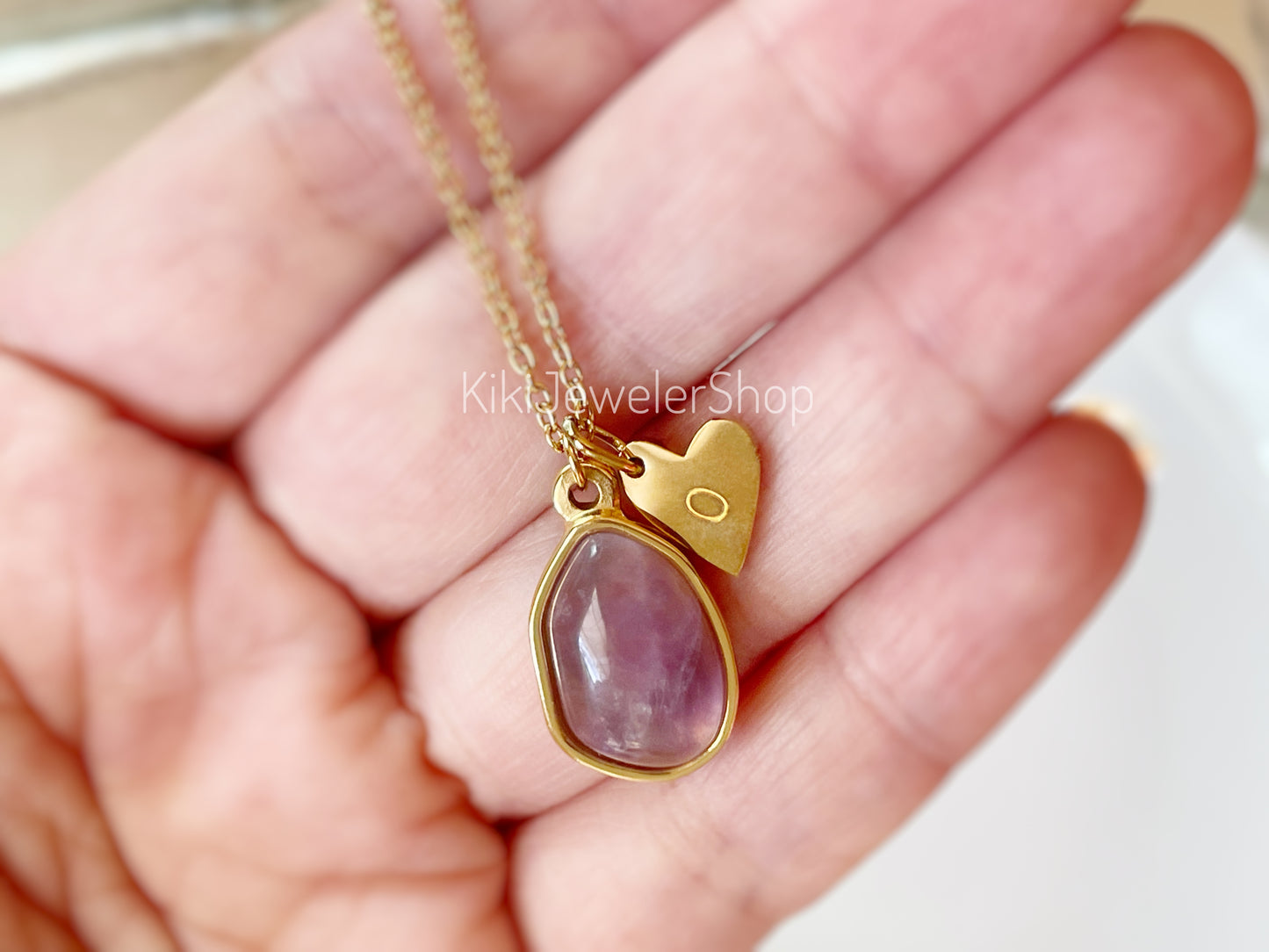Gold Heart Initial Amethyst Pendant Necklace
