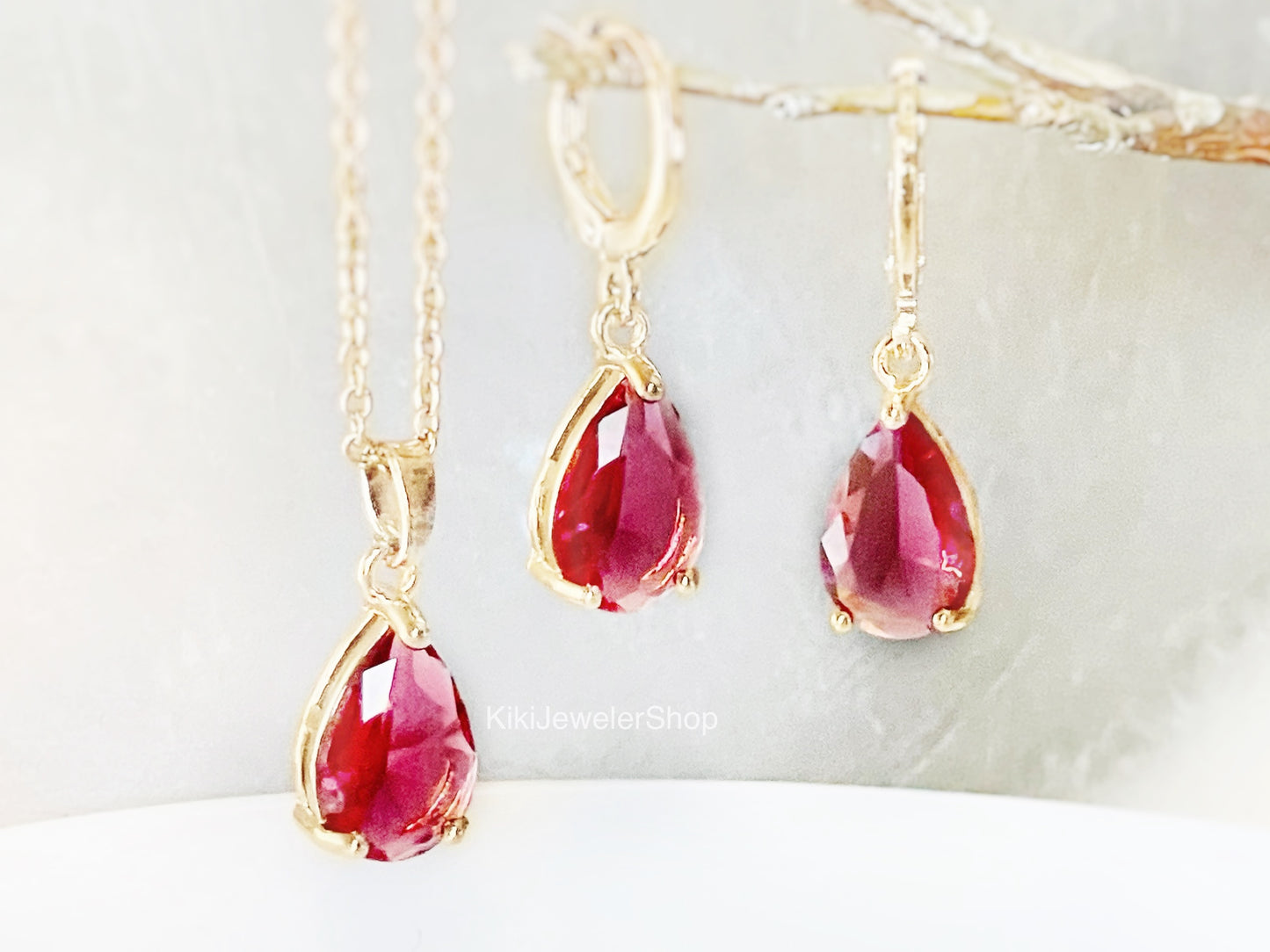 Pink tourmaline teardrop 2pc jewelry set
