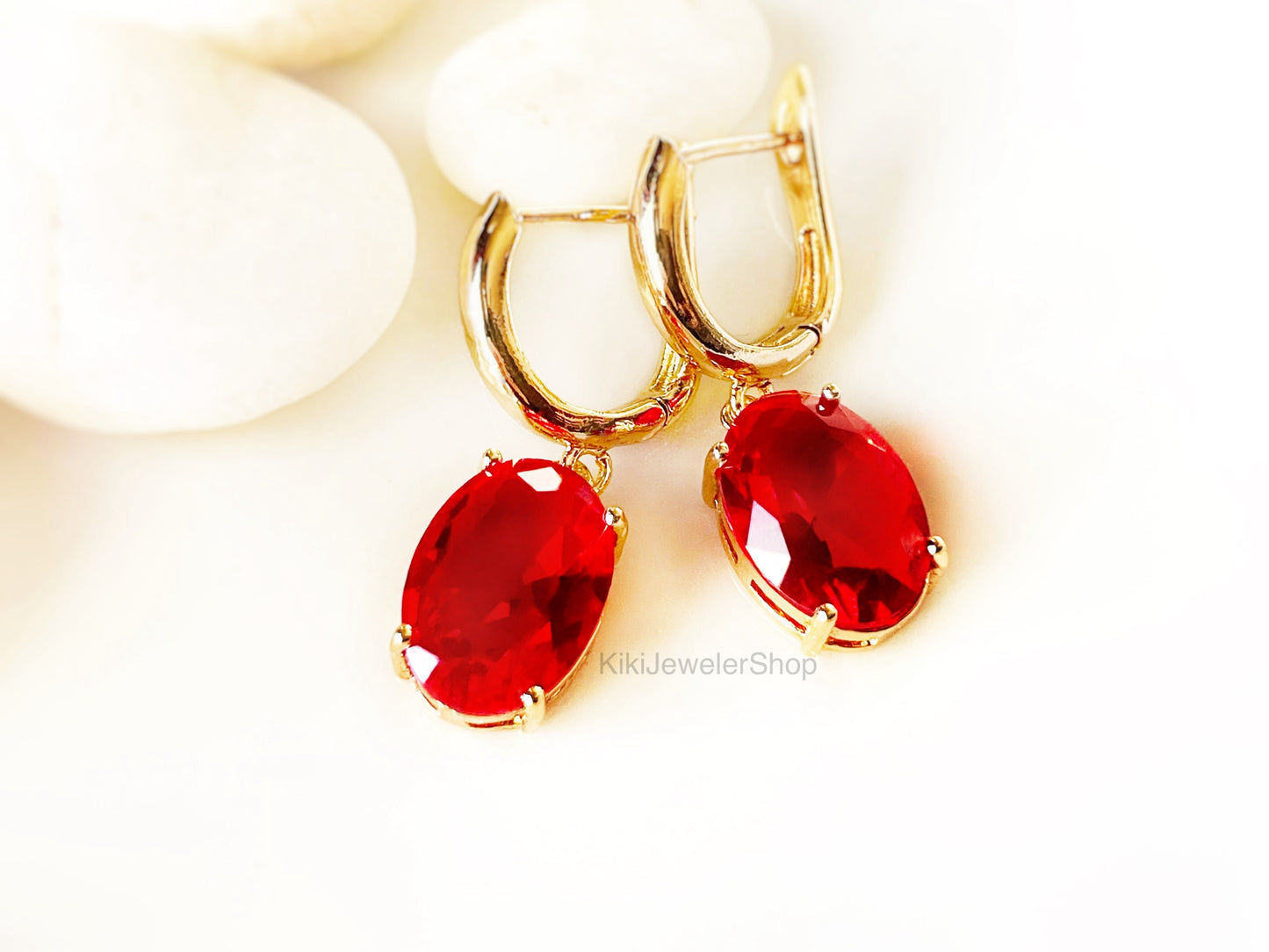 Large Cushion Cut Ruby Red Dangling Earrings