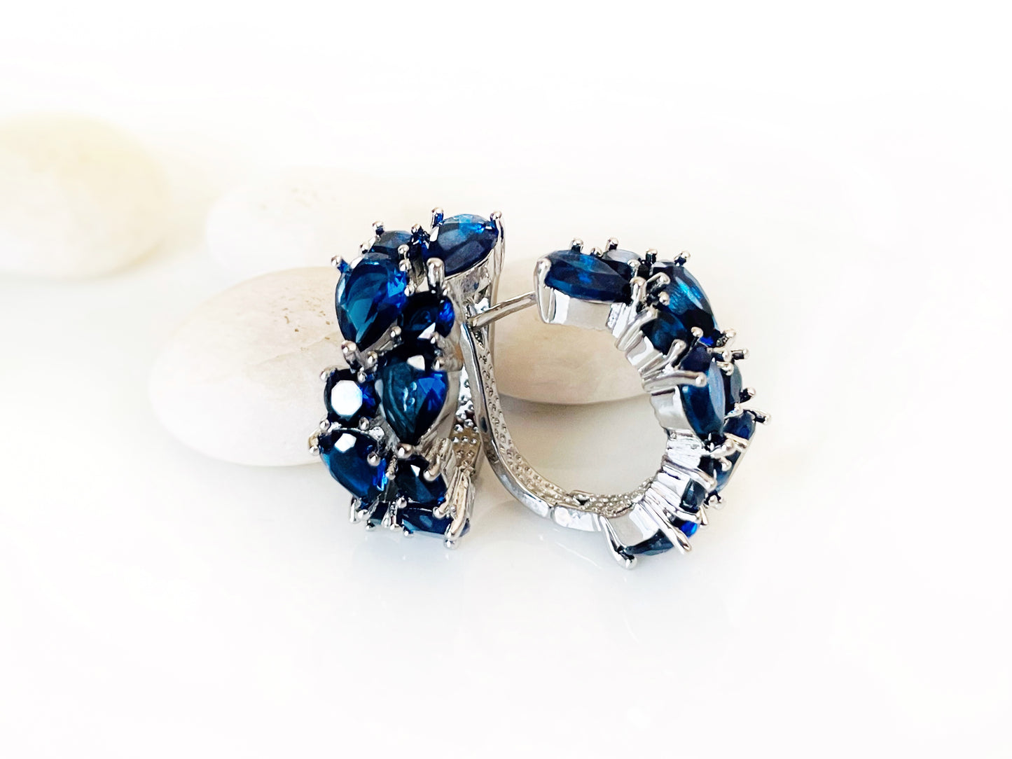 Blue white sapphire statement hoop earrings