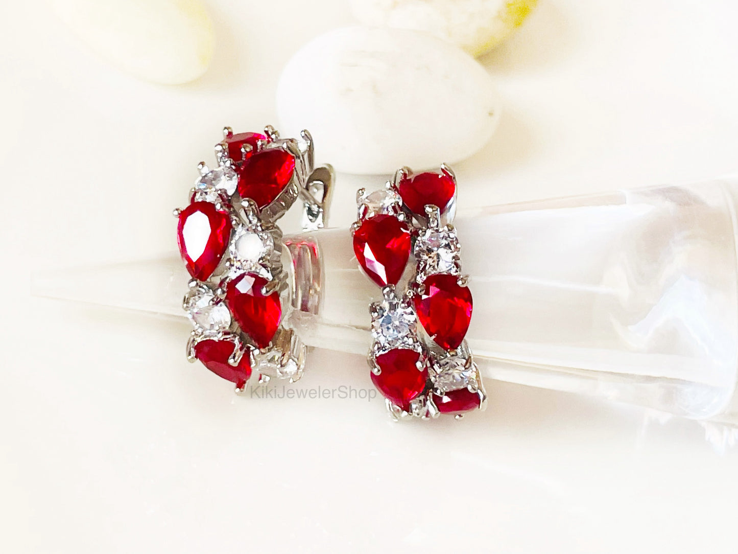 Ruby white sapphire statement hoop earrings