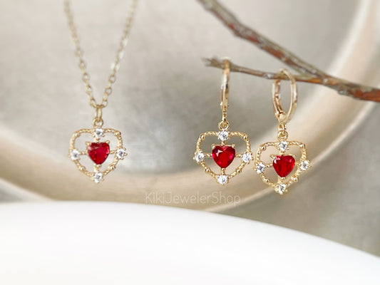 Gold Double Heart Ruby Red & White Sapphire 2pc Jewelry Set