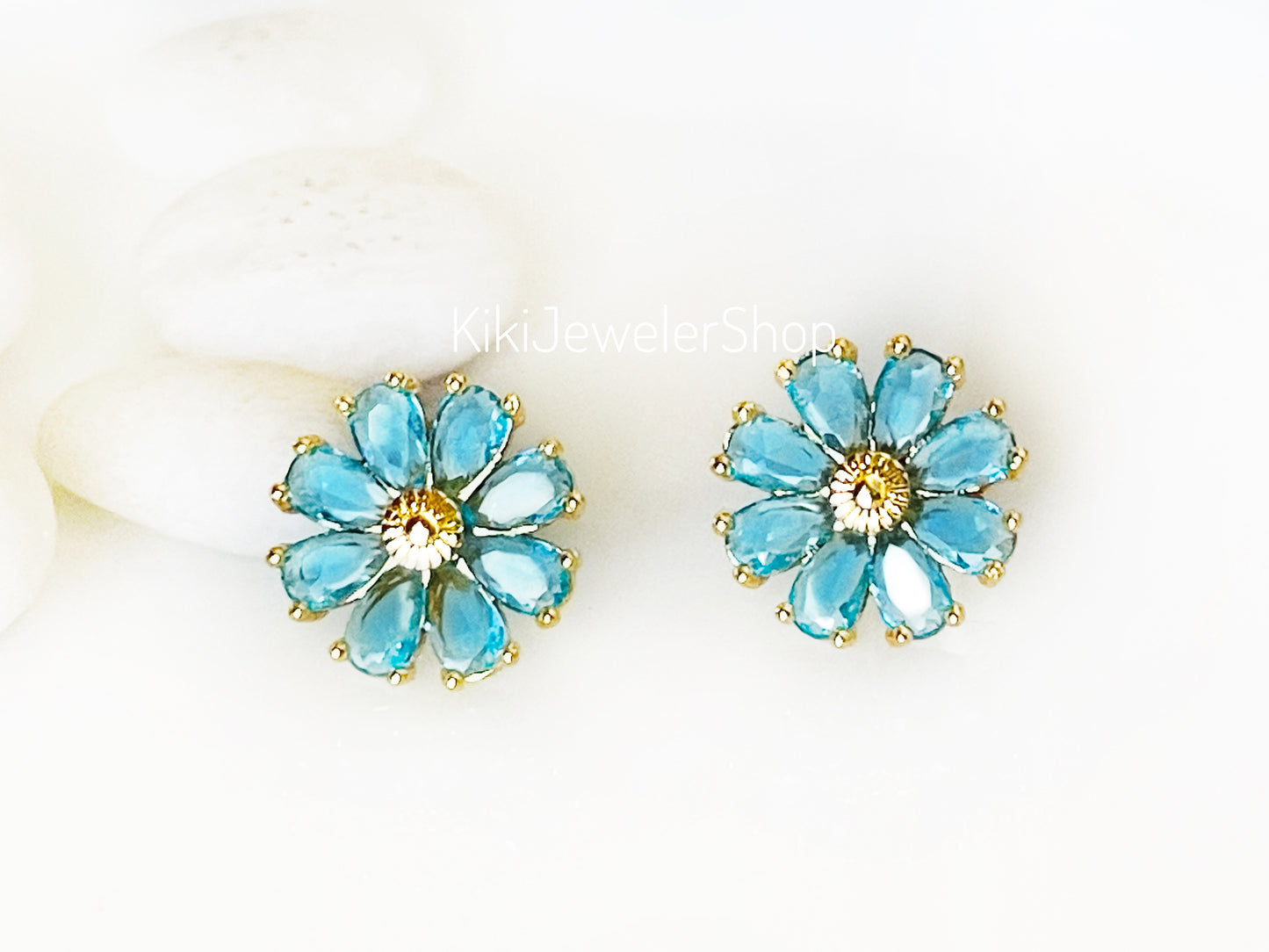 Blue Topaz Daisy Flower Dangle Earrings