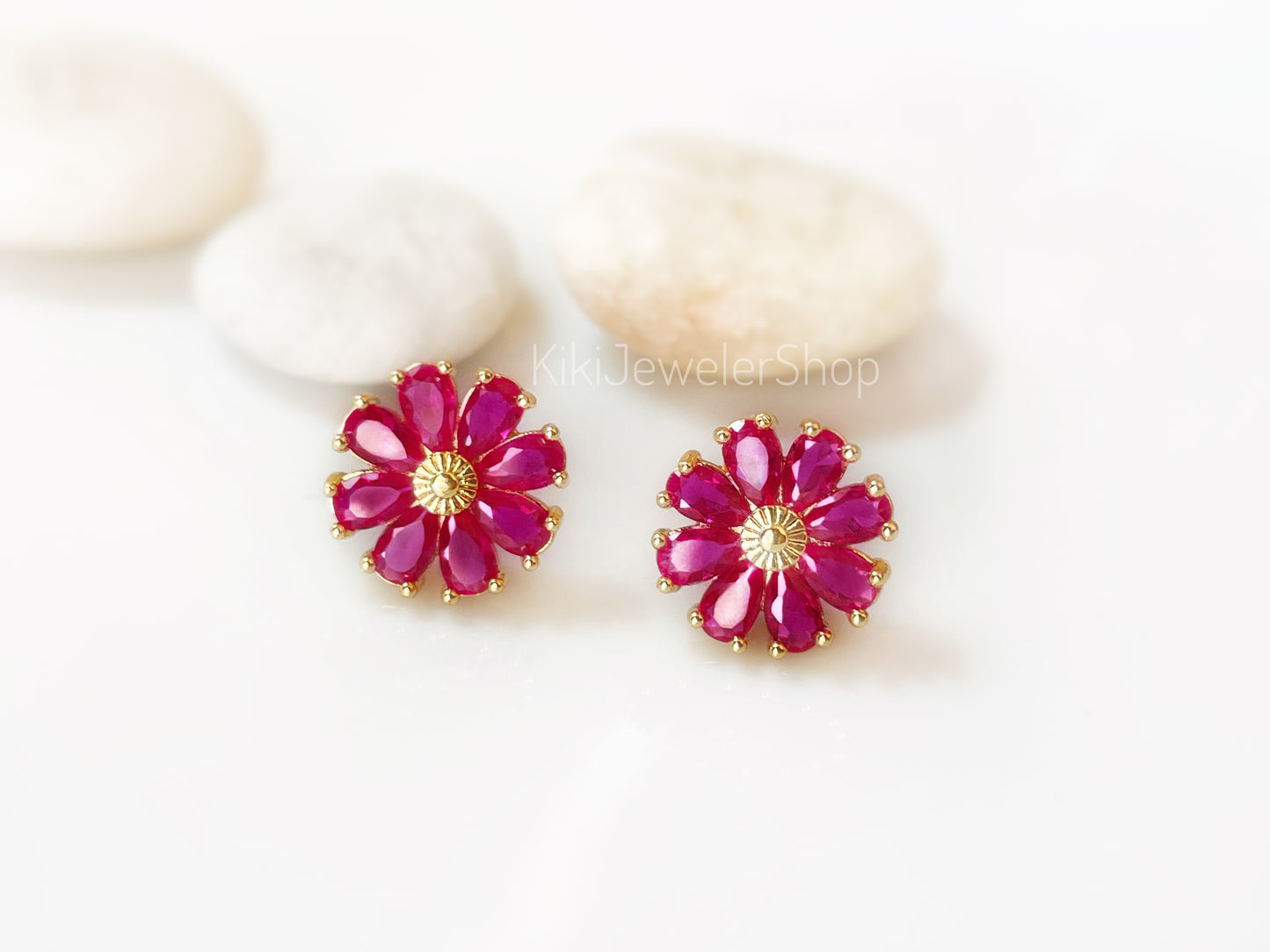 Pink Tourmaline Daisy Flower Dangle Earrings