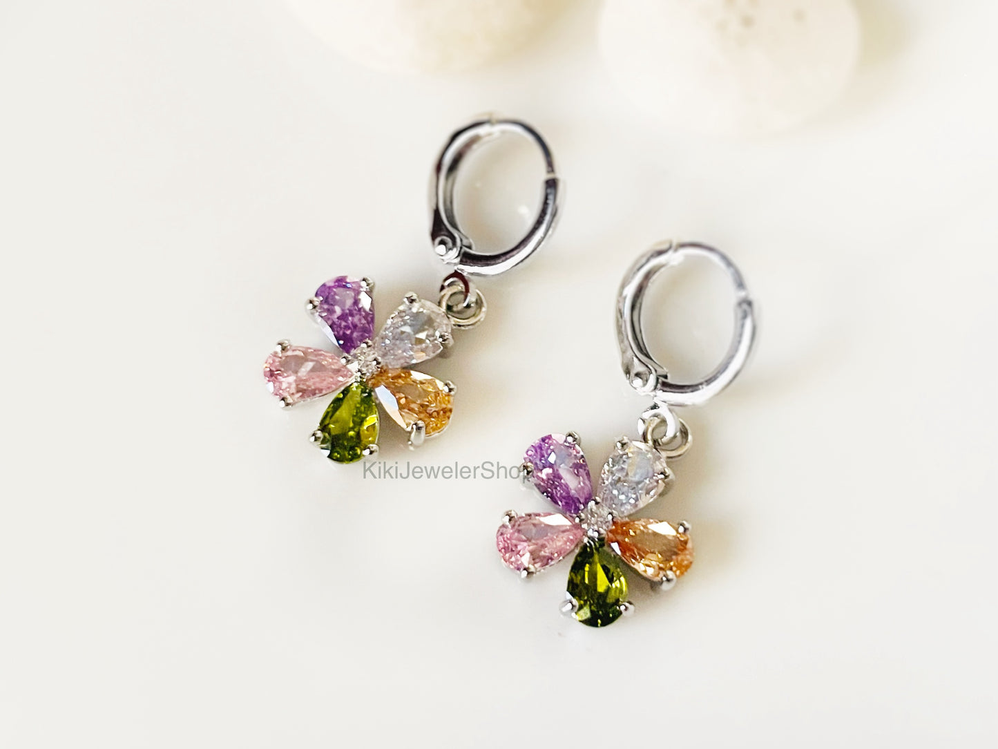 Pink sapphire flower dangle earrings, amethyst 2pc jewelry set, rainbow flower earrings, birthstone earrings, gift for her