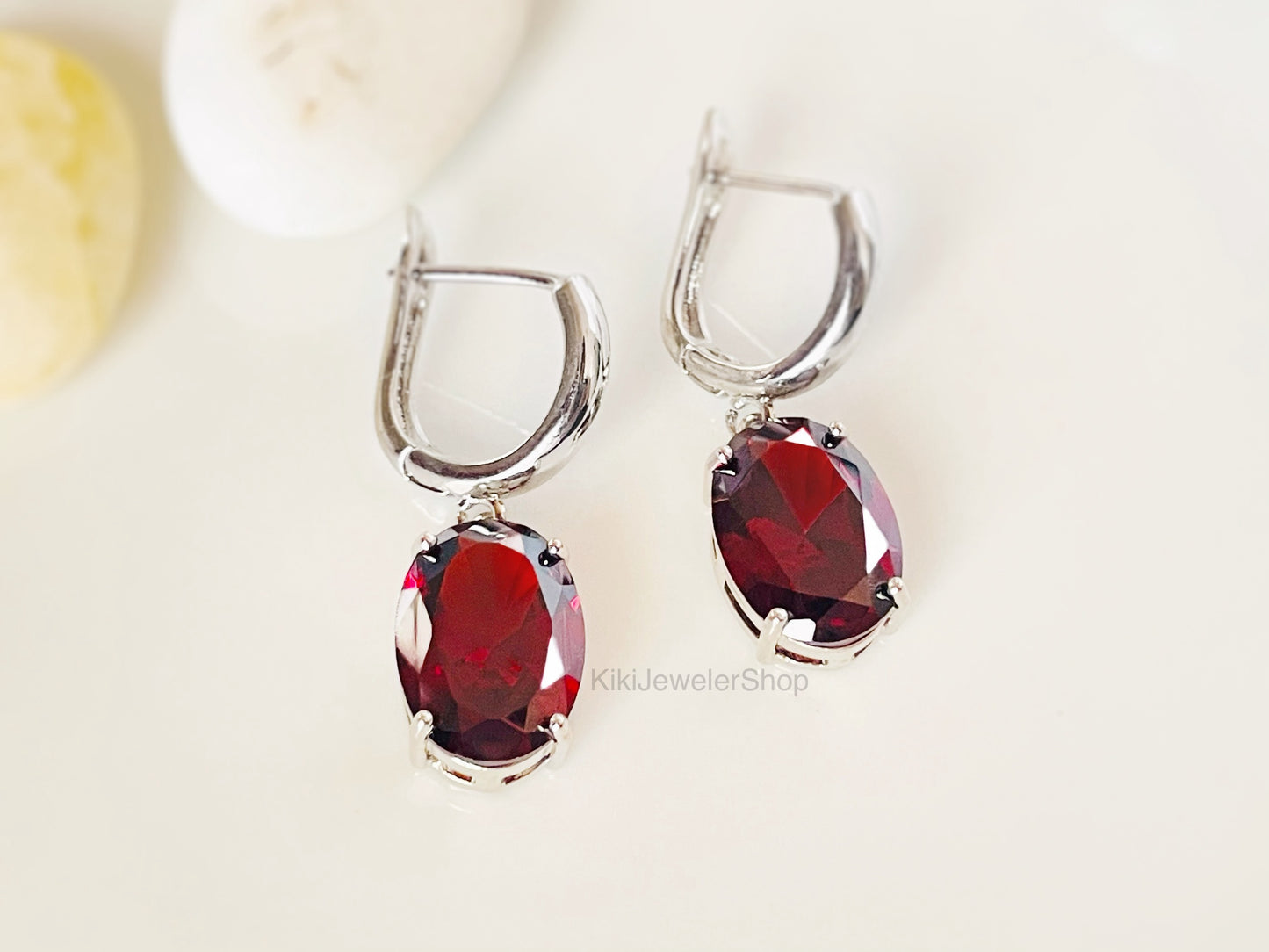 Large Cushion Cut Garnet Dangle Earrings