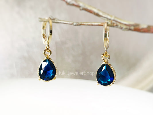 Small Bezel Blue Sapphire Teardrop Dangle Earrings