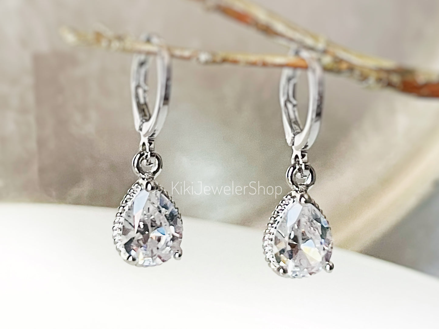 Small Bezel White Sapphire Teardrop Dangle Earrings
