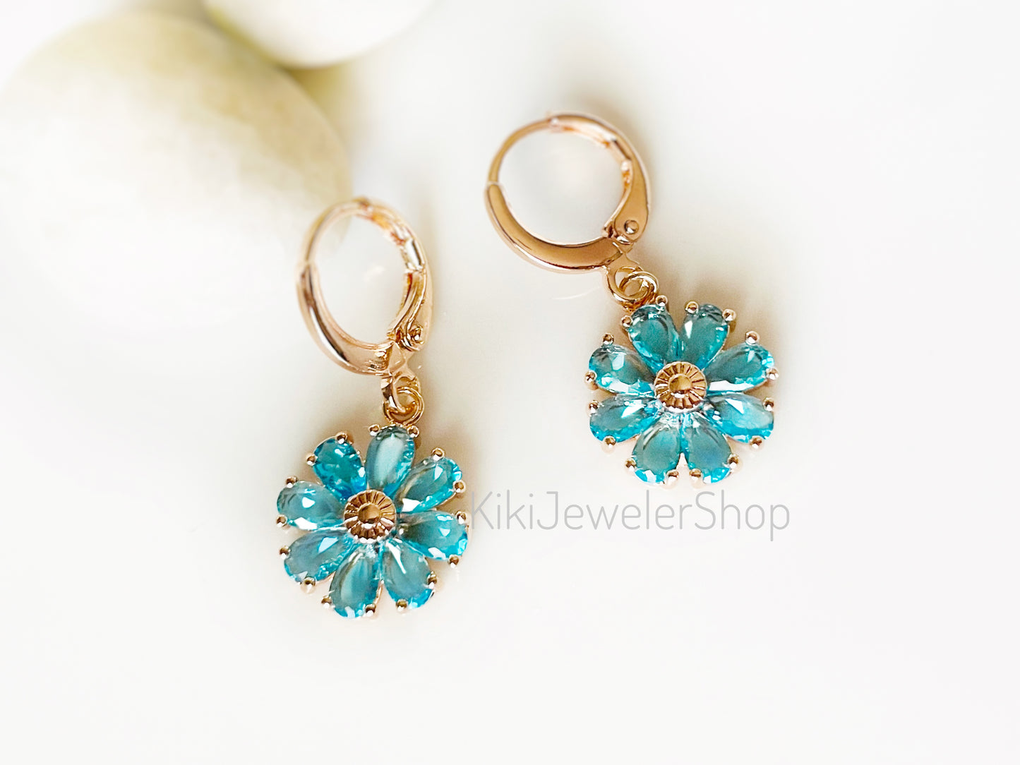 Blue Topaz Daisy Flower Dangle Earrings