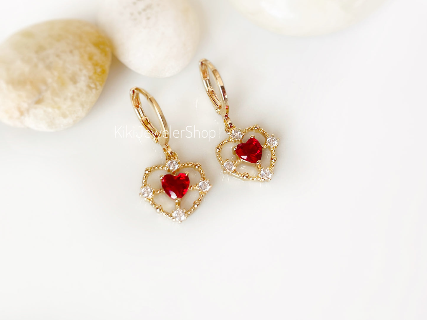 Gold Double Heart Ruby & White Dangle Earrings