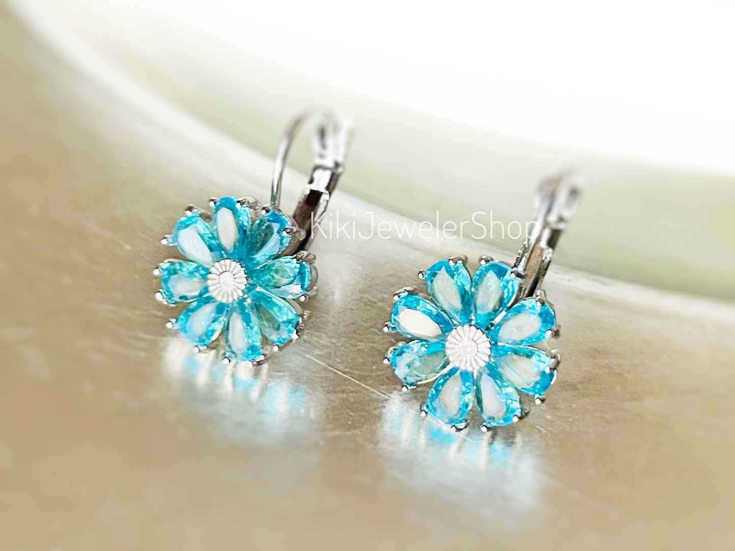 Blue Topaz Daisy Flower Dangle Earrings