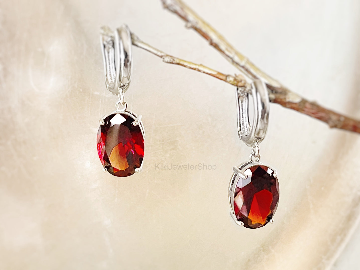 Large Cushion Cut Garnet Dangle Earrings