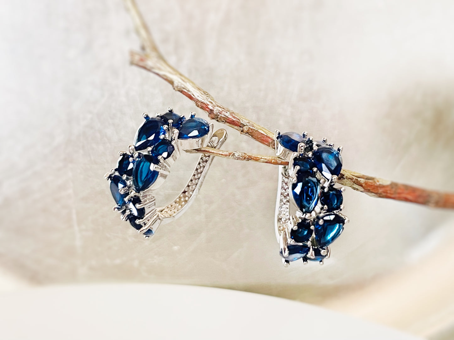 Blue white sapphire statement hoop earrings