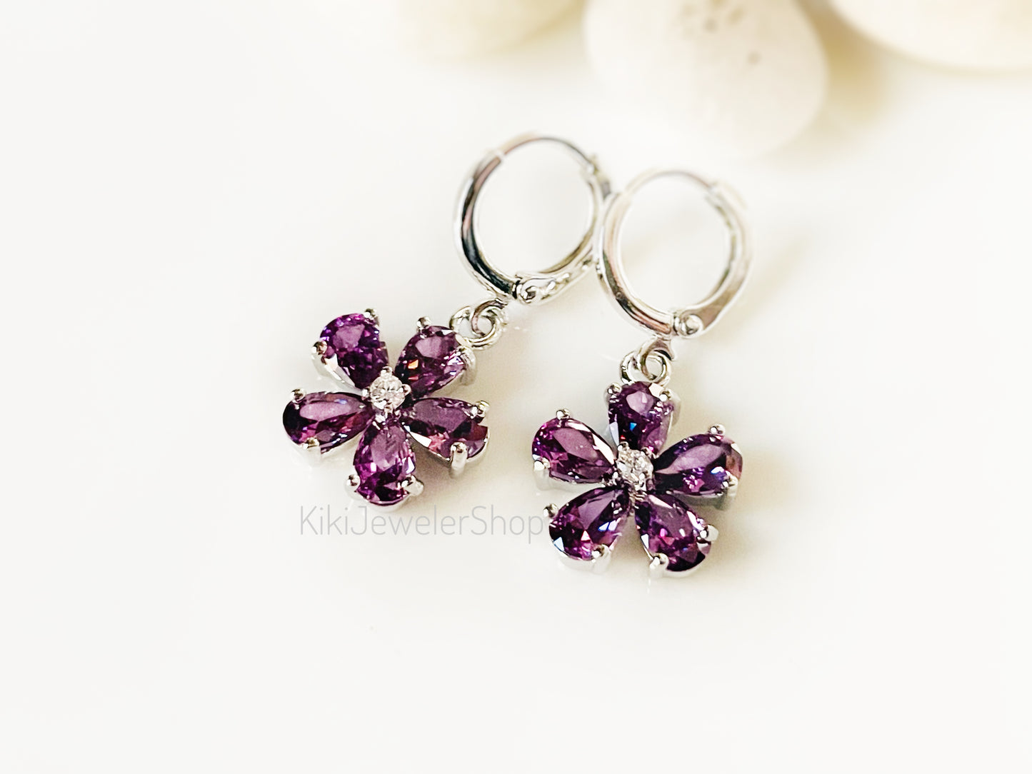 Pink sapphire flower dangle earrings, amethyst 2pc jewelry set, rainbow flower earrings, birthstone earrings, gift for her